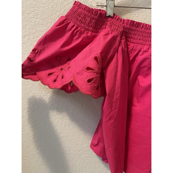 Hyacinth House M Pink Fuschia Eyelet Sleeve Off Shoulder Blouse Cottagecore Boho - Picture 3 of 7